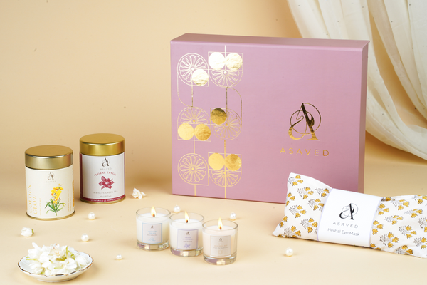 Curated with all things wellness - candles, eye mask, tea tins, and more - customisable as per requirements.