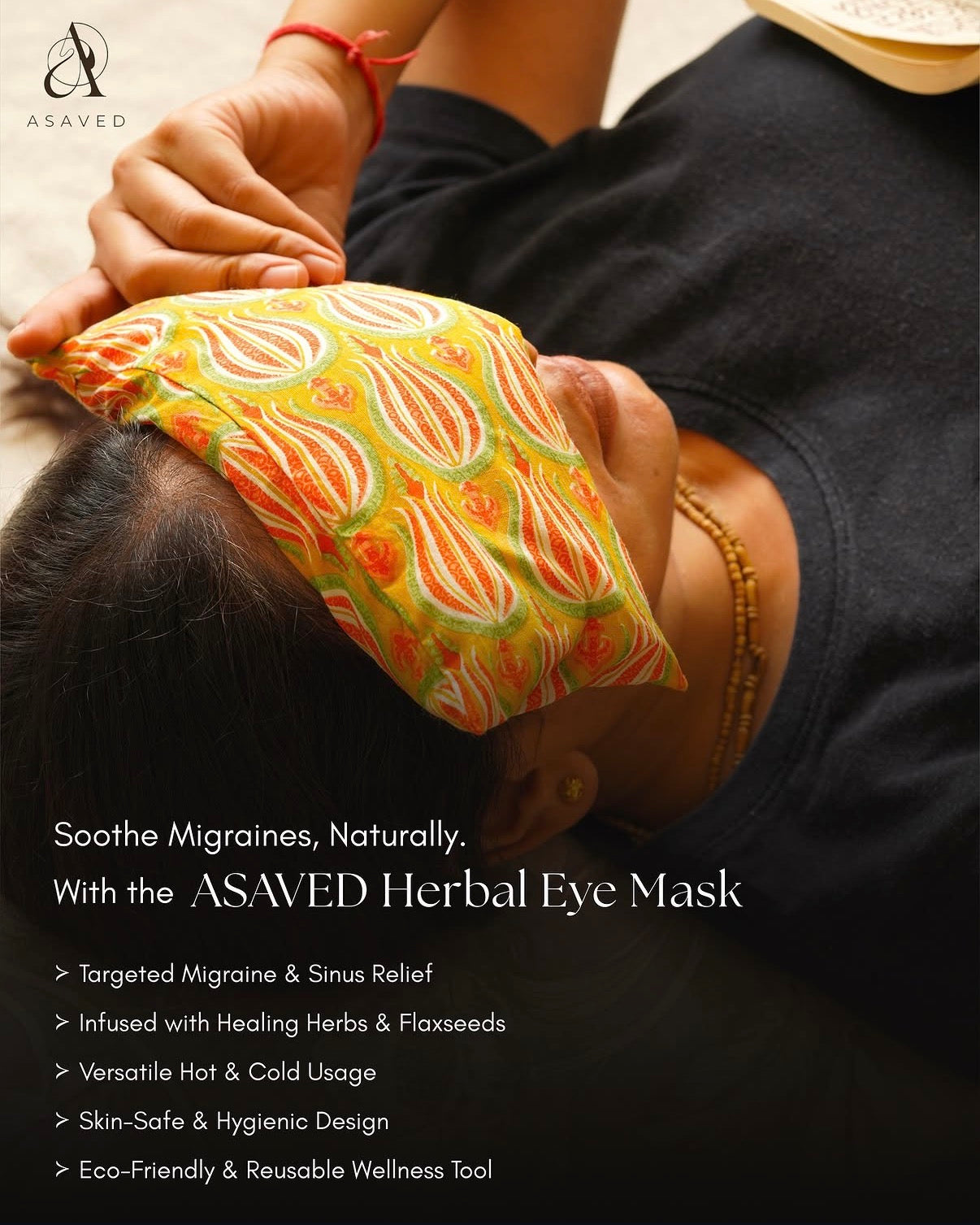 ASAVED Herbal Eye Mask in use — woman resting with floral cotton eye mask placed over closed eyes, warm and relaxed
