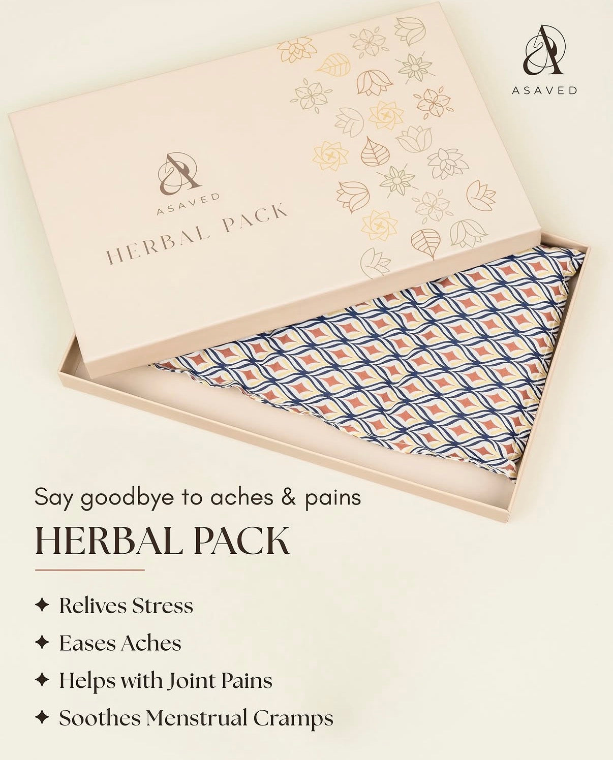 ASAVED Herbal Pack with block-printed floral cotton cover — filled with fenugreek, lavender and rosemary for period cramp, joint pain and muscle relief