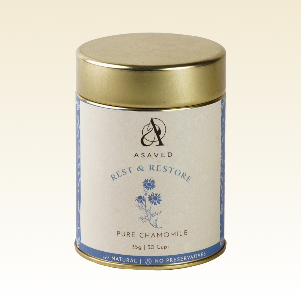 Blue flowered tea tin, promoting calmness and sleep with chamomile infusion for relaxation and reduced inflammation.